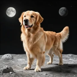a golden retriever dog on the surface of the moon, 3 d render, dramatic, photorealistic