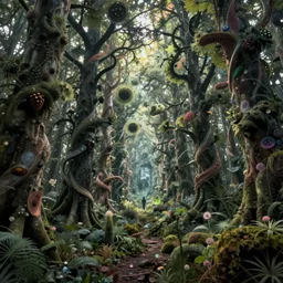 An ultra detailed dreamy fractal forest, 4k unreal engine renders, ultra-wide angle, by Zdzisław Beksiński, HD, cinematic,