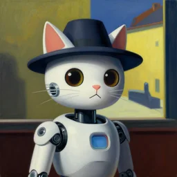 a futuristic robotic cat wearing a hat, a highly detailed edward hopper painting, by adrian ghenie and gerhard richter. art by sorolla. masterpiece, flat surreal design with deep colours. 8 k. artstation