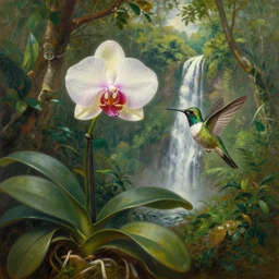 painting of an miltonia orchid and a hummingbird in front of a jungle landscape with waterfall by martin johnson heade