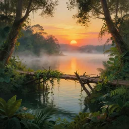 backlight on broken vine bridge , fog in lake , in jungle  by the sea , pretty sunset  painting panorama by disney