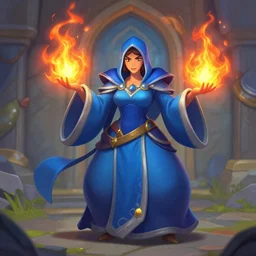 a female mage with a blue robe and casting a fire spell, Hearthstone official splash art, tinyest midriff ever, largest haunches ever, fullest body, small head, SFW, SFW, perfect master piece, award winning