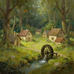 a small surreal serene fantasy village on the edge of the woods, small stream, water wheel, by bob ross, lord of the rings, smooth, detailed terrain, oil painting, matte painting, concept art, trending on artstation