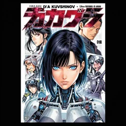 professionally drawn 9 0 s seinen seinen seinen mature cyberpunk horror detective action manga comic cover, full color, beautifully drawn coherent professional, drawn by ilya kuvshinov, ilya kuvshinov, and hiromu arakawa and tsutomu nihei. japanese script on the cover. cyborg girl in foreground with blue eyes. award - winning manga.