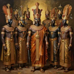 highly detailed painting of the oba of benin surrounded by masquerades, fantasy, 8 k, realistic, symmetrical, digital illustration,
