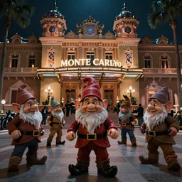 “ drug addicted gnomes raid the casino monte carlo, daring robbery scene, cinematic scene, imax quality, psychedelic, atmospheric, shadowy, diffuse lighting, fantasy, intricate, highly detailed ”