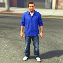 A screenshot of a man with short brown hair, blue shirt, blue jeans, and white shoes in GTA 5