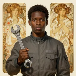 Short stocky man holding a wrench, wearing a jumpsuit, portrait, face, black skin, sci-fi, intricate, elegant, highly detailed, digital painting, artstation, concept art, smooth, sharp focus, illustration, art by artgerm and greg rutkowski and alphonse mucha