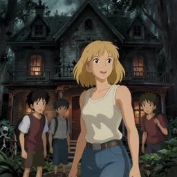 scene of a woman searching a haunted house, blonde, tank top, jeans, horror, film still, finely detailed features, perfect art, studio ghibli, trending on pixiv fanbox, painted by ilya kuvshinov and and krenz cushart and makoto shinkai and takashi takeuchi