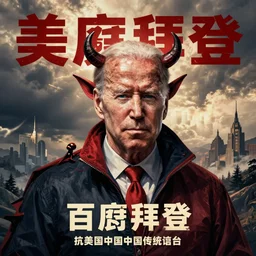 an anti-American Chinese propaganda poster of the devil Joe Biden