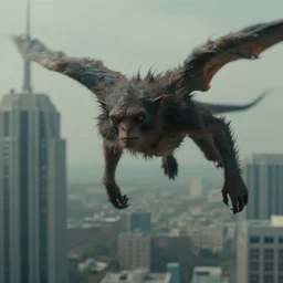 strange creature in the sky above a city, flying above skyscrapers, film still from the movie directed by denis villeneuve with art direction by zdzisław beksinski, close up, telephoto lens, shallow depth of field