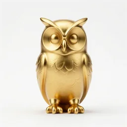 A golden statuette of an owl. White Background.