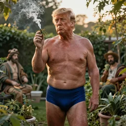 muscular Donald Trump, in a Speedo, smoking marijuana, golden hour, in a garden, artstation, by J. C. Leyendecker and Peter Paul Rubens,