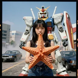 Kodak portra 160, 8K, highly detailed, portrait, starfish pose: famous gundam in low budget movie remake, car chase scene