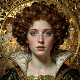 beautiful medieval queen face centered portrait by james jean, zdzisław beksinski, iris van herpen, raymond swanland and alphonse mucha, hyperdetailed realistic smooth polished porcelain, jean delville, art nouveau, gustav klimt, ornate gothic icon with heavy patina, ultrasharp hyperdetailed photorealistic octane render
