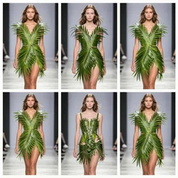 multi panel storyboard of olivia wearing an outfit made of palm leaves, runway model at new york fashion week, sporty physique, black hair, freckles, pale skin, multiple angles, photo by greg rutkowski, stage lighting, soft colors, female beauty, intricate detail, elegance, 3 5 mm, depth of field, masterpiece
