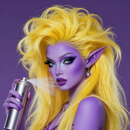 Glam hair, rococo, 80s hair, Elf girl with purple  skin, alien skin, purple elf, purple, purple-skinned elf, yellow hair, hairspray, big hair, wild hair, glam make-up, 80s, illustration, fantasy art, trending on ArtStation, 1980s fantasy art