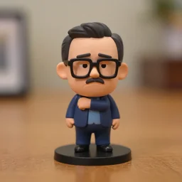 larry david figurine by pixar sad bokeh on wooden table.