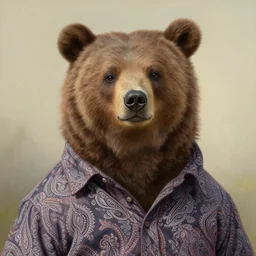 a candid portrait of a bear wearing a paisley shirt, highly detailed, portrait painting, fairytale, fantasy, illustration by scott gustafson and art station