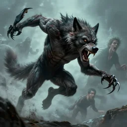 dynamic action shot of a werewolf with long fangs and extended claws leaping forward, exaggerated muscle anatomy, crazed expression, by bill sienkiewicz, simon bisley and stephen gammell, horror, dark fantasy, extremely hyperdetailed, ghostly, 8 k, photorealism, hyperrealism, atmospheric lighting w 9 6 0