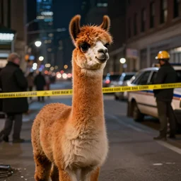 an orange llama wearing a 1 9 4 0's noire detective outfit, standing in the streets of chicago at night looking at a crime scene, crime scene photography 4 k, octane render, highly realistic photograph