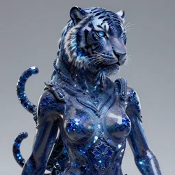 hyper detailed ultra sharp portrait of baroque and bladerunner delicate neon sapphire sculpture of seductive onyx prince royce tigers iridescent humanoid deity wearing metallic hoody made out of banana leaves holding the sun prismatic dungeon, glowing rainbow face, crown of white diamonds, cinematic lighting, photorealistic, octane render 8 k depth of field 3 d