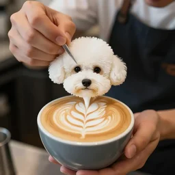 a closeup photorealistic photograph of barista creating latte art in the shape of a bichon frise. professional capture, well lit shot. this 4 k hd image is trending on artstation, featured on behance, well - rendered, extra crisp, features intricate detail, epic composition and the style of unreal engine.