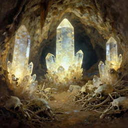 a cave with huge glowing crystals in the walls and piles of bones on the floor, art by donato giancola, art by greg rutkowski
