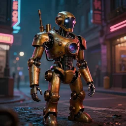 a robot in the street, steampunk, night, neon light