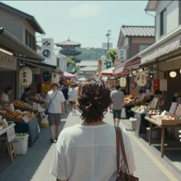 home video footage, view from behind, a woman in market district in japan ; daylight, summer, color vhs picture quality