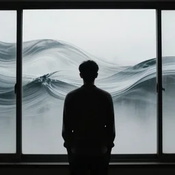 siluette of a man in front of a window with abstract waves hitting it