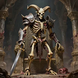 A spiked horned semiork-semihuman skeleton with armored joints stands in a large cavernous throne room with sword in hand. Massive shoulderplates. Extremely high details, high detail, high detailed, realistic, fantasy art, solo, masterpiece, bones, ripped flesh, saturated colors, art by Zdzisław Beksiński, Arthur Rackham, Dariusz Zawadzki