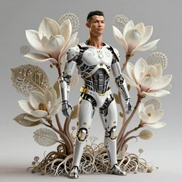 complex 3d render ultra detailed of a Cristiano Ronaldo, mechanical cyborg, 150 mm, beautiful natural soft light, rim light, silver gold details, magnolia big leaves and stems, roots, fine foliage lace, maze like, mesh wire, intricate details, hyperrealistic, ultra detailed, mandelbrot fractal, anatomical, white metal neocubism armor, facial muscles, cable wires, microchip, elegant, octane render, H.R. Giger style, 8k