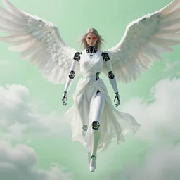 a robotic - looking woman in white robes with one angry red eye floating over a pale green landscape, large wings, surrounded in clouds and light, digital art