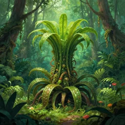 a marc simonetti concept art  of a carnivorous plant in a lush tropical forest