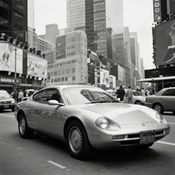 A very futuristic car in NYC Times Square, old, vintage photography, DSLR, black and white