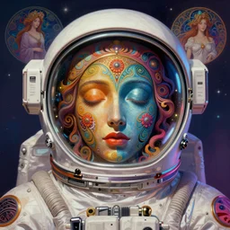 An extremely psychedelic experience, colorful, surreal, dramatic lighting, cosmonaut, LSD, face, detailed, intricate, elegant, highly detailed, digital painting, artstation, concept art, smooth, sharp focus, illustration, art by Sam Spratt, Dan Mumford, Jim Burns, Artem Demura and Alphonse Mucha