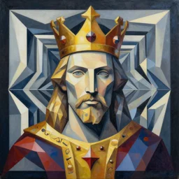 a portrait of a king, a geometrical matte painting, in the style of mc escher and h. r. giger, full colour, fractal geometry, 8 k, hyperdetailed,