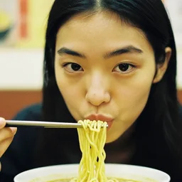 close up of face of asian fashion model, at noodles fastfood in in tokio, photo by ellen von unwerth, analog, grainy, yellow, highly detailed