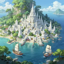 A fishing port near the ocean in a beautiful elven city made of white marble, anime, lush trees, sailing ships, a fantasy digital painting by Greg Rutkowski and James Gurney, trending on Artstation, highly detailed