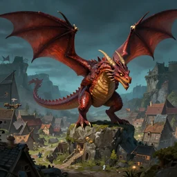 brown dragon attacking a village at night, fantasy art, artstation, realistic, 4 k