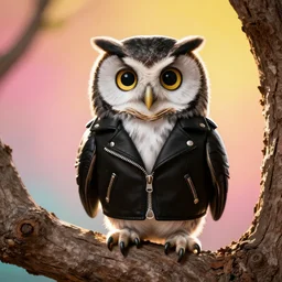 cute owl wearing black biker jacket, portrait photo, backlit, studio photo, background colorful, sitting on tree