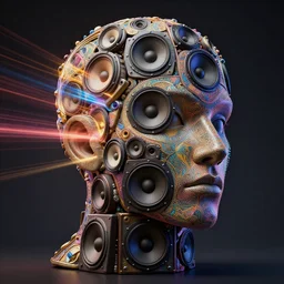 highly detailed surreal vfx portrait of a 3 d head made of stacks of recursive speakers forming a a giant speaker, polyphonic ecstacy, vibrant vibrations, pulse projections, sonic power, ornate, hyperrealistic, octane render, chiaroscuro, inspired by james jean, android jones, beeple, rhads, alphonse mucha, frostbite 3 engine