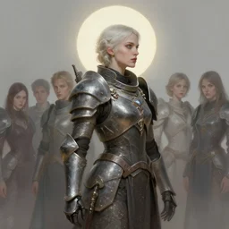 masterpiece ( ( side profile ) ) concept art by thomas blackshear, imogen poots as gothic space templar, heavy armour, light halo, matte painting, pastel colours, realistic shaded lighting poster by hsiao ron chen, artgerm, lawren harris, eve ventrue, magali villeneuve, jeremy lipkin, rob rey, christophe vacher