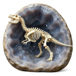 dinosaur skeleton escapes from a beautiful giant geode
