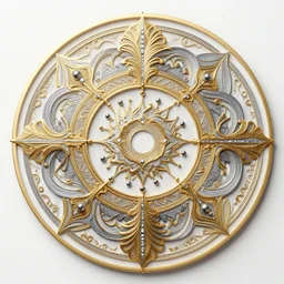 three dimensional multilayered patterns inside a circle, intricate detail, complex, gold, silver, obsidian, white