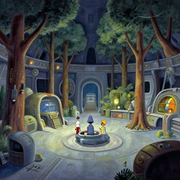 7 0 s sci - fi space station interior, retrofuturism, gouache, trees, animated film, stylised, illustration, by eyvind earle, scott wills, genndy tartakovski