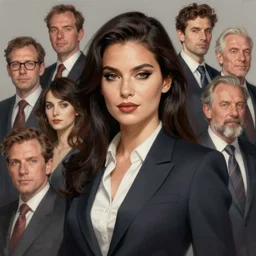 a beautiful vfx portrait of a gorgeous dark haired business woman. highly detailed portrait, digital painting, sharp focus illustration, artstation hq. intricate, elegant. wlop, greg rutkowski, alphonse mucha, medium shot. dan mumford andrei riabovitchev, marc simonetti, yoshitaka amano