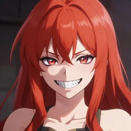 mischievous anime girl with radioactive hair and extremely sharp teeth grinning ominously