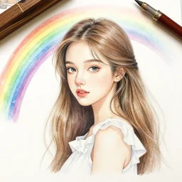 girl princess on a rainbow. highly detailed watercolor and pencil painitng.